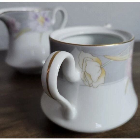 MIKASA Charisma Gray L9049 Creamer and Sugar Bowl w/Lid Floral Gold Trim Japan - Picture 5 of 14